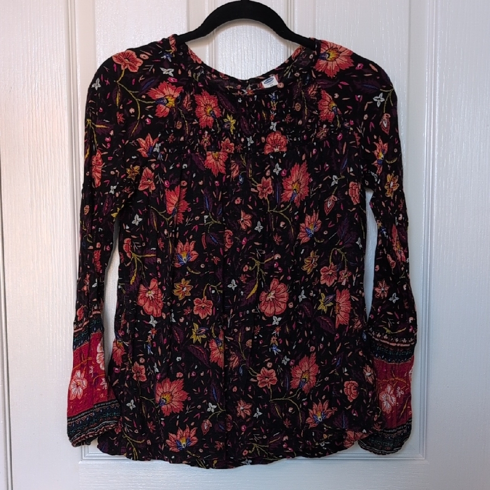 Old Navy Black Floral Blouse with Red and Pink Details
